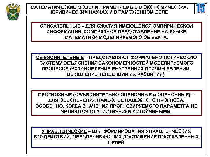 МАТЕМАТИЧЕСКИЕ МОДЕЛИ ПРИМЕНЯЕМЫЕ В ЭКОНОМИЧЕСКИХ, ЮРИДИЧЕСКИХ НАУКАХ И В ТАМОЖЕННОМ ДЕЛЕ ОПИСАТЕЛЬНЫЕ – ДЛЯ