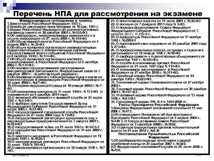 Перечень НПА для рассмотрения на экзамене Международные соглашения и законы 1. Конституция Российской Федерации