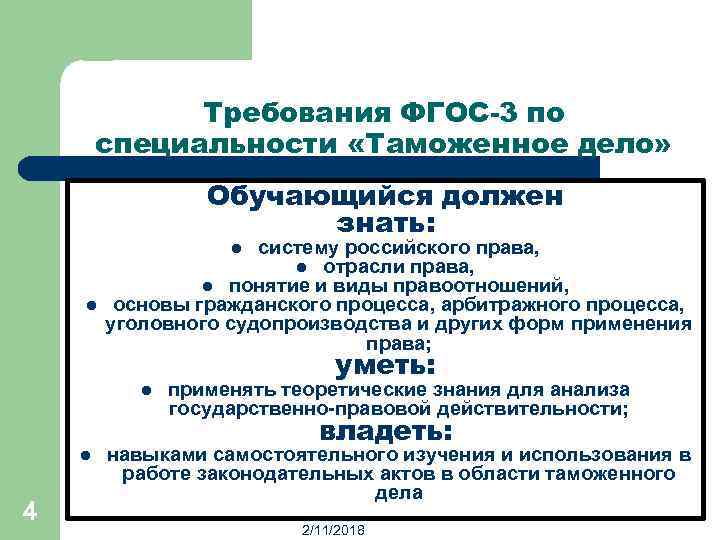 Требования ФГОС-3 по специальности «Таможенное дело» Обучающийся должен знать: систему российского права, l отрасли