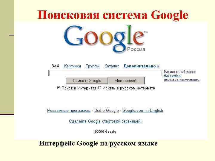 Поисковая система Google Интерфейс Google на русском языке 
