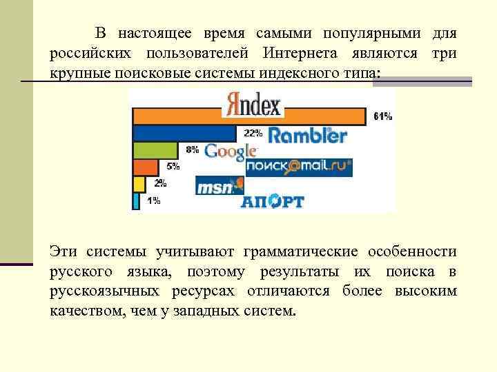  В настоящее время самыми популярными для российских пользователей Интернета являются три крупные поисковые