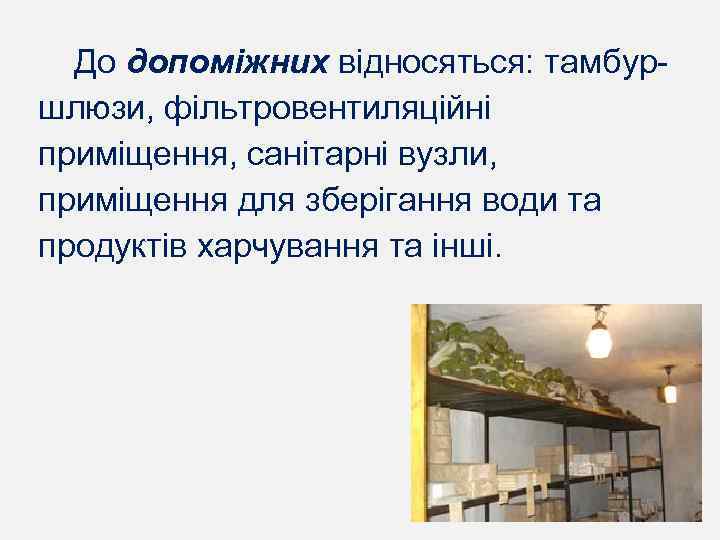 До допоміжних відносяться: тамбуршлюзи, фільтровентиляційні приміщення, санітарні вузли, приміщення для зберігання води та продуктів
