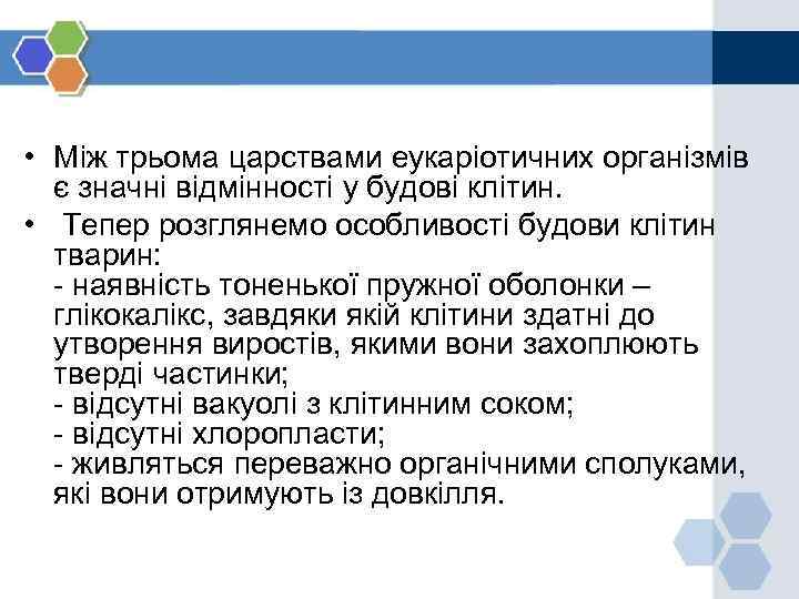  • Між трьома царствами еукаріотичних організмів є значні відмінності у будові клітин. •