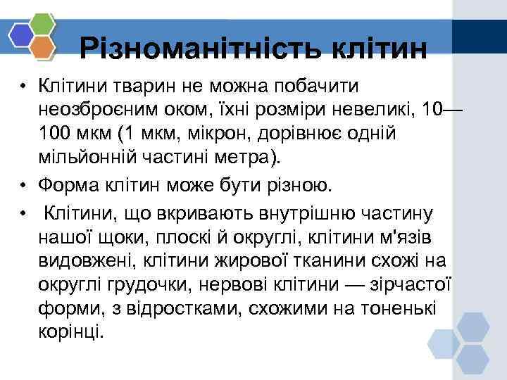 Різноманітність клітин • Клітини тварин не можна побачити неозброєним оком, їхні розміри невеликі, 10—