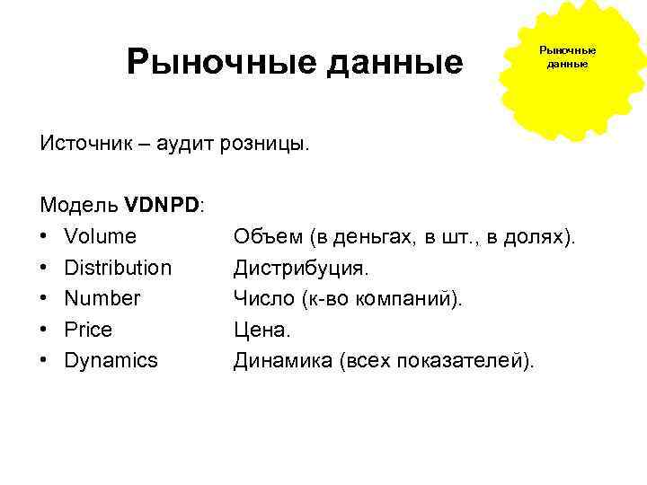 Рыночные данные Источник – аудит розницы. Модель VDNPD: • Volume • Distribution • Number