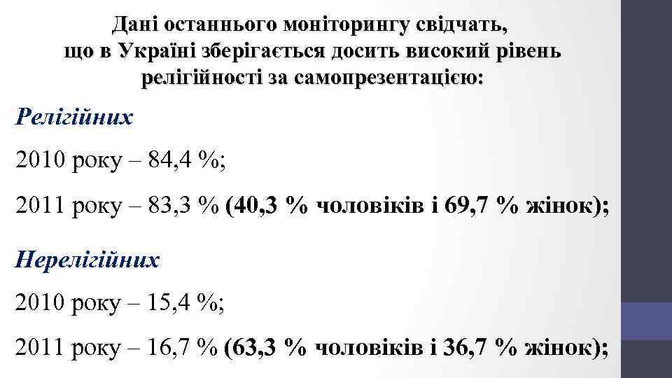 Дані останнього моніторингу свідчать, що в Україні зберігається досить високий рівень релігійності за самопрезентацією: