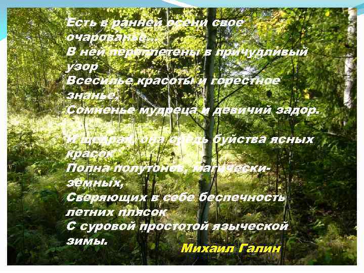Есть в ранней осени свое очарованье. . . В ней переплетены в причудливый узор