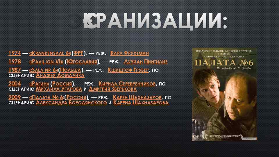 ЭКРАНИЗАЦИИ: 1974 — «KRANKENSAAL 6» (ФРГ), — РЕЖ. КАРЛ ФРУХТМАН 1978 — «PAVILJON VI»