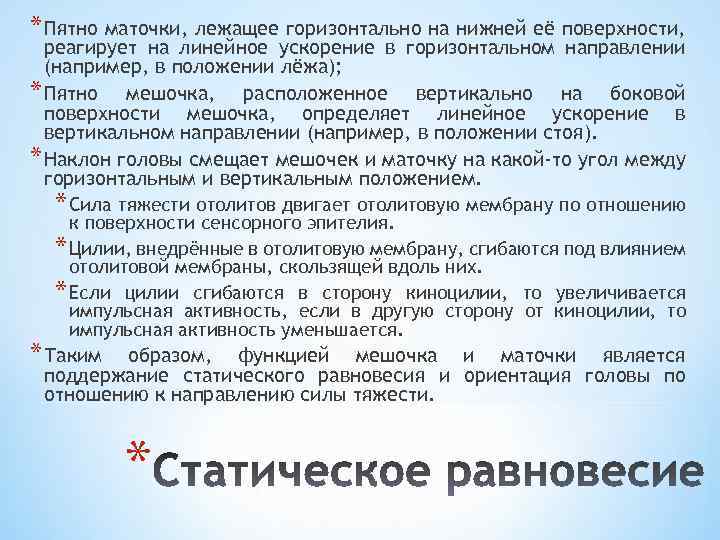 * Пятно маточки, лежащее горизонтально на нижней её поверхности, реагирует на линейное ускорение в