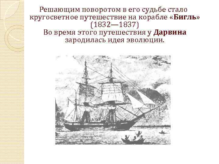 Решающим поворотом в его судьбе стало кругосветное путешествие на корабле «Бигль» (1832— 1837) Во