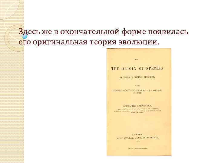 Здесь же в окончательной форме появилась его оригинальная теория эволюции. 