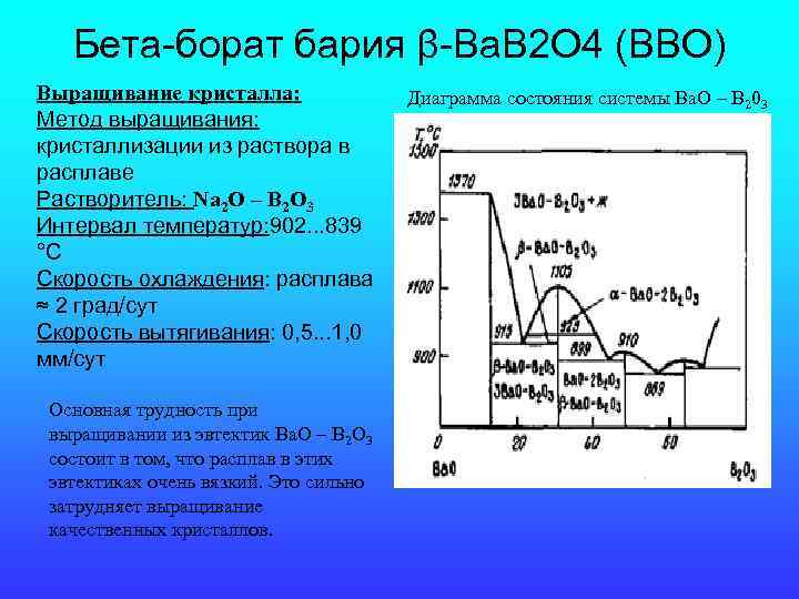 Бета-борат бария β-Ba. B 2 O 4 (BBO) Выращивание кристалла: Метод выращивания: кристаллизации из