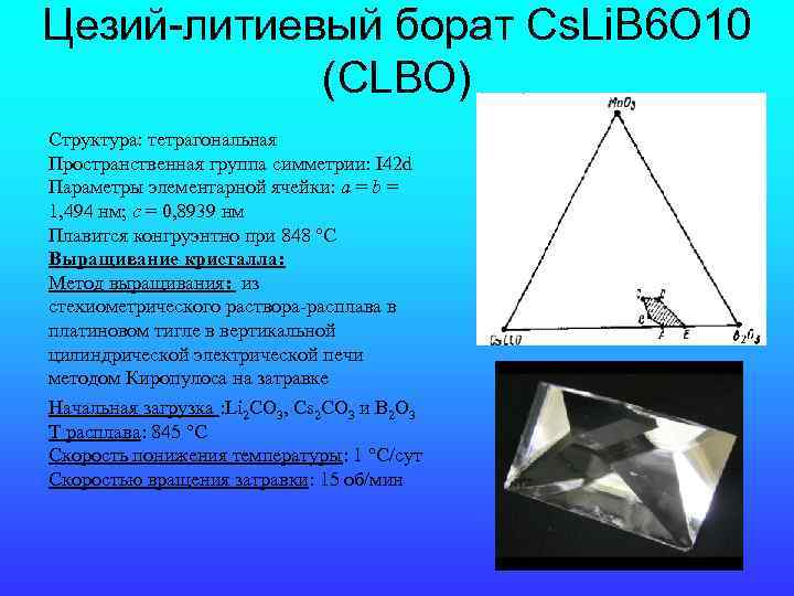 Цезий-литиевый борат Cs. Li. B 6 O 10 (CLBO) Структура: тетрагональная Пространственная группа симметрии: