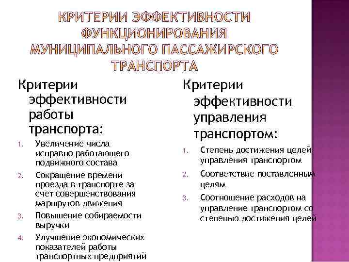 Критерии эффективности работы транспорта: 1. 2. 3. 4. Увеличение числа исправно работающего подвижного состава