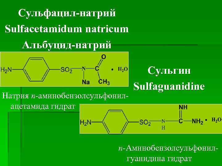 Сульфацил-натрий Sulfacetamidum natricum Aльбуцид-натрий Натрия п-аминобензолсульфонилацетамида гидрат Сульгин Sulfaguanidine п-Аминобензолсульфонилгуанидина гидрат 