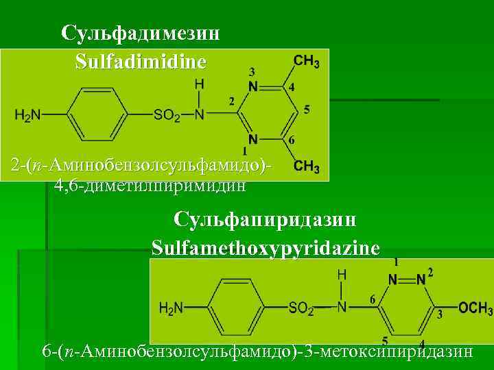 Сульфадимезин Sulfadimidine 2 -(п-Аминобензолсульфамидо)4, 6 -диметилпиримидин Сульфапиридазин Sulfamethoxypyridazine 6 -(п-Аминобензолсульфамидо)-3 -метоксипиридазин 