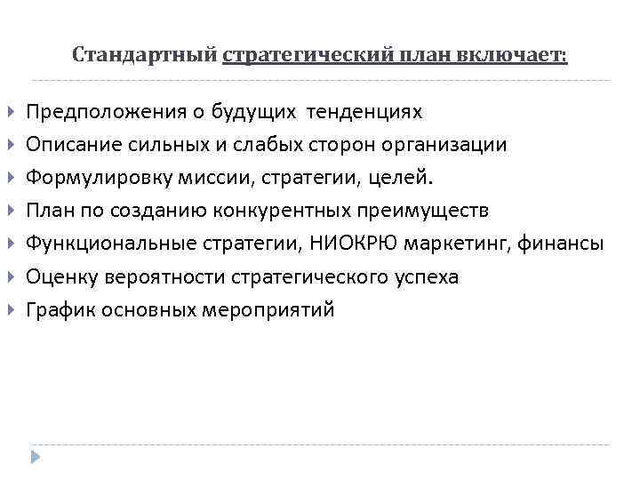 Стандартный стратегический план включает: Предположения о будущих тенденциях Описание сильных и слабых сторон организации