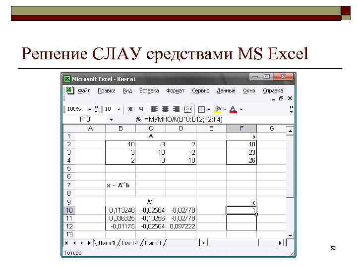 Решение СЛАУ средствами MS Excel 52 