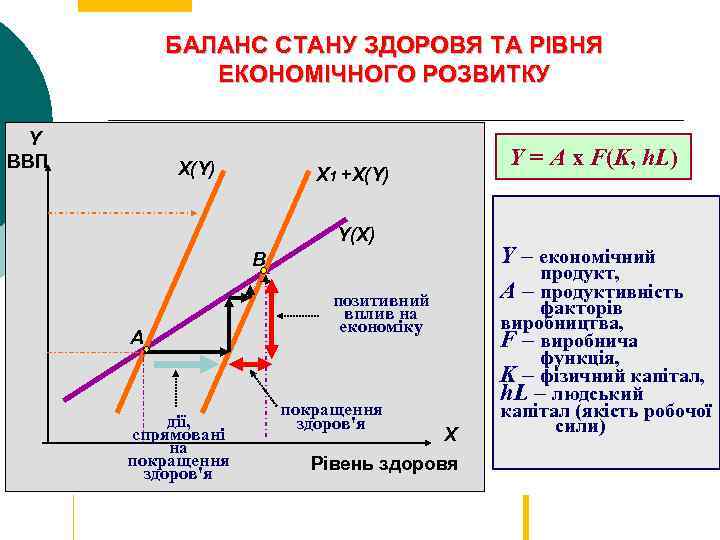 БАЛАНС СТАНУ ЗДОРОВЯ ТА РІВНЯ ЕКОНОМІЧНОГО РОЗВИТКУ Y ВВП Х(Y) Y = A x