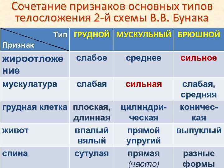 Сочетание признаков основных типов телосложения 2 -й схемы В. В. Бунака Признак Тип ГРУДНОЙ