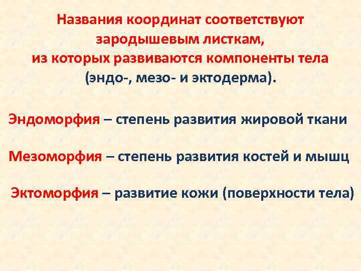 Названия координат соответствуют зародышевым листкам, из которых развиваются компоненты тела (эндо-, мезо- и эктодерма).