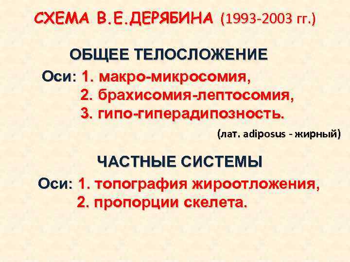 СХЕМА В. Е. ДЕРЯБИНА (1993 -2003 гг. ) ОБЩЕЕ ТЕЛОСЛОЖЕНИЕ Оси: 1. макро-микросомия, 2.