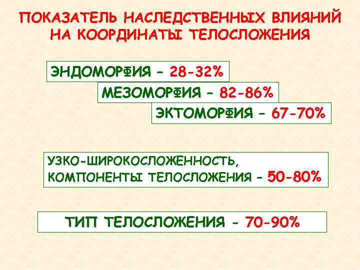 ПОКАЗАТЕЛЬ НАСЛЕДСТВЕННЫХ ВЛИЯНИЙ НА КООРДИНАТЫ ТЕЛОСЛОЖЕНИЯ ЭНДОМОРФИЯ – 28 -32% МЕЗОМОРФИЯ – 82 -86%