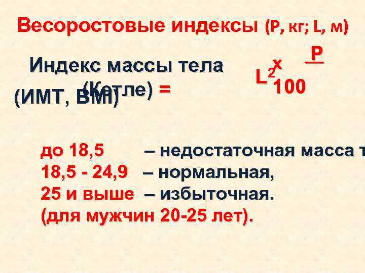 Весоростовые индексы (Р, кг; L, м) Р х Индекс массы тела L 2100 (Кетле)