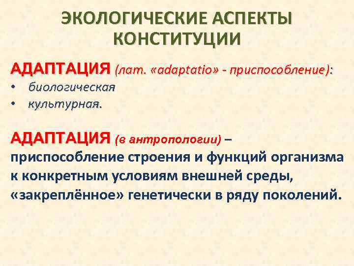 ЭКОЛОГИЧЕСКИЕ АСПЕКТЫ КОНСТИТУЦИИ АДАПТАЦИЯ (лат. «adaptatio» - приспособление): • биологическая • культурная. АДАПТАЦИЯ (в