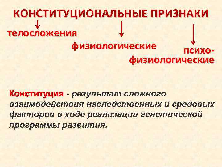 КОНСТИТУЦИОНАЛЬНЫЕ ПРИЗНАКИ телосложения физиологические психофизиологические Конституция - результат сложного взаимодействия наследственных и средовых факторов