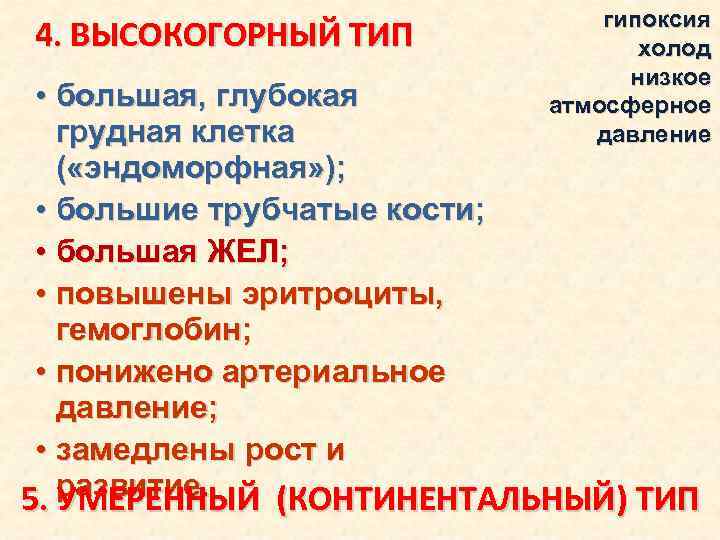 4. ВЫСОКОГОРНЫЙ ТИП гипоксия холод низкое атмосферное давление • большая, глубокая грудная клетка (