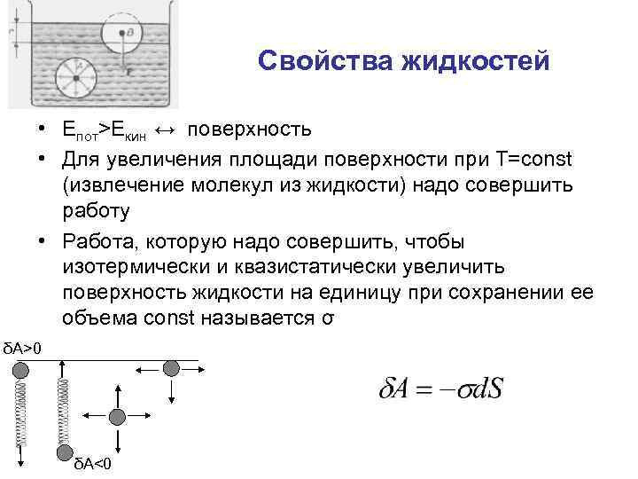Свойства жидкостей • Епот>Екин ↔ поверхность • Для увеличения площади поверхности при Т=const (извлечение