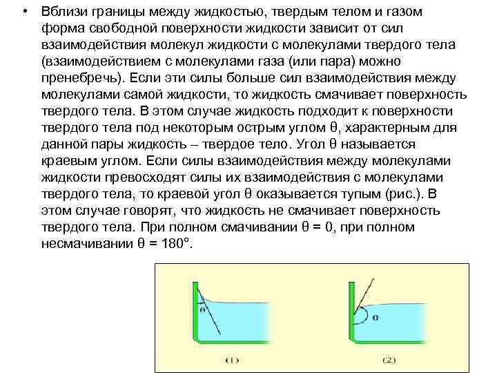  • Вблизи границы между жидкостью, твердым телом и газом форма свободной поверхности жидкости