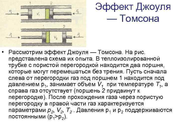 Эффект Джоуля — Томсона • Рассмотрим эффект Джоуля — Томсона. На рис. представлена схема