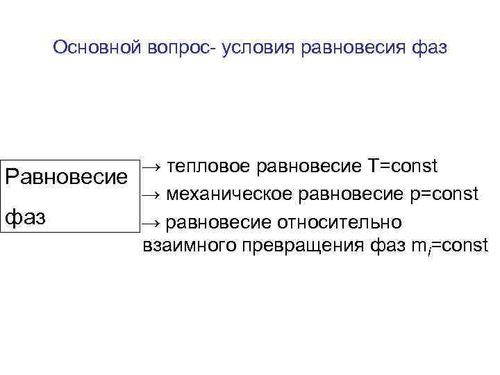 Основной вопрос- условия равновесия фаз → тепловое равновесие T=const Равновесие фаз → механическое равновесие