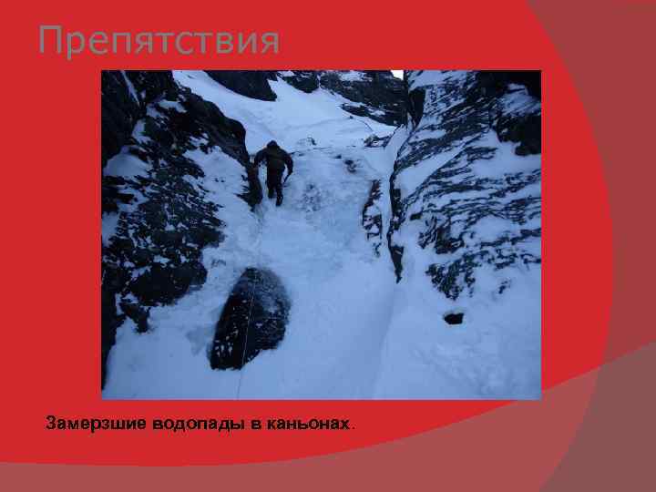 Препятствия Замерзшие водопады в каньонах. 