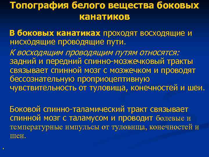 Топография белого вещества боковых канатиков В боковых канатиках проходят восходящие и нисходящие проводящие пути.