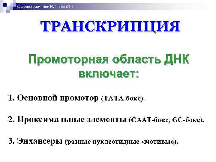 Кафедра биохимии НИУ «Бел. ГУ» ТРАНСКРИПЦИЯ Промоторная область ДНК включает: 1. Основной промотор (ТАТА-бокс).