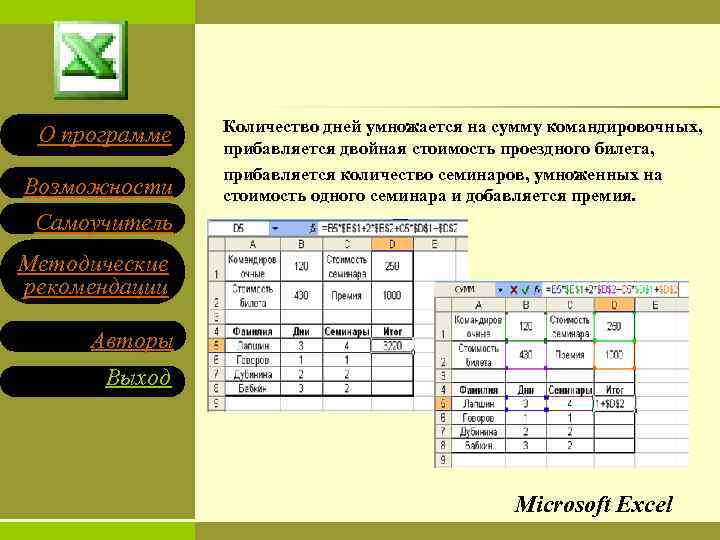 О программе Возможности Самоучитель Количество дней умножается на сумму командировочных, прибавляется двойная стоимость проездного