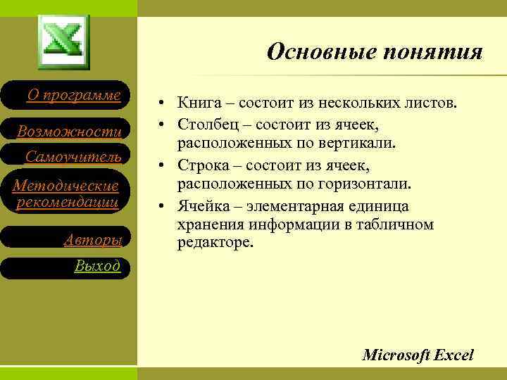 Основные понятия О программе Возможности Самоучитель Методические рекомендации Авторы • Книга – состоит из