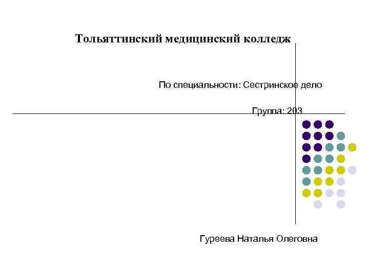 Тольяттинский медицинский колледж По специальности: Сестринское дело Группа: 203 Гуреева Наталья Олеговна 