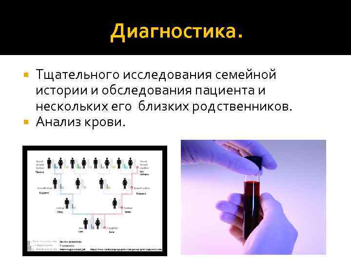 Диагностика. Тщательного исследования семейной истории и обследования пациента и нескольких его близких родственников. Анализ