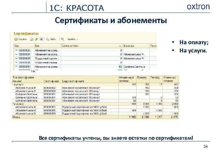 1 С: КРАСОТА Сертификаты и абонементы • На оплату; • На услуги. Все сертификаты