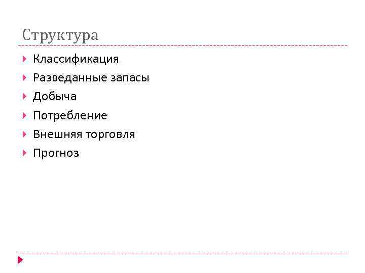 Структура Классификация Разведанные запасы Добыча Потребление Внешняя торговля Прогноз 