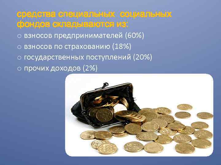 средства специальных социальных фондов складываются из: o взносов предпринимателей (60%) o взносов по страхованию