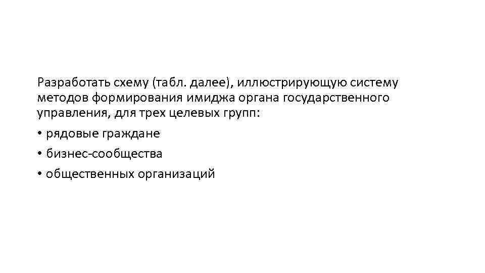 Разработать схему (табл. далее), иллюстрирующую систему методов формирования имиджа органа государственного управления, для трех