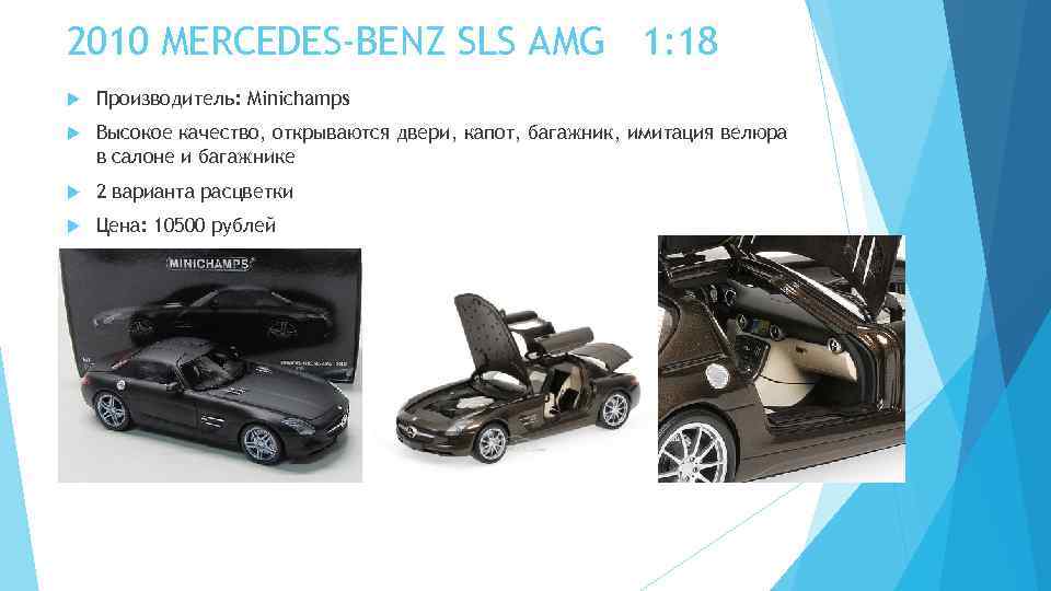 2010 MERCEDES-BENZ SLS AMG 1: 18 Производитель: Minichamps Высокое качество, открываются двери, капот, багажник,