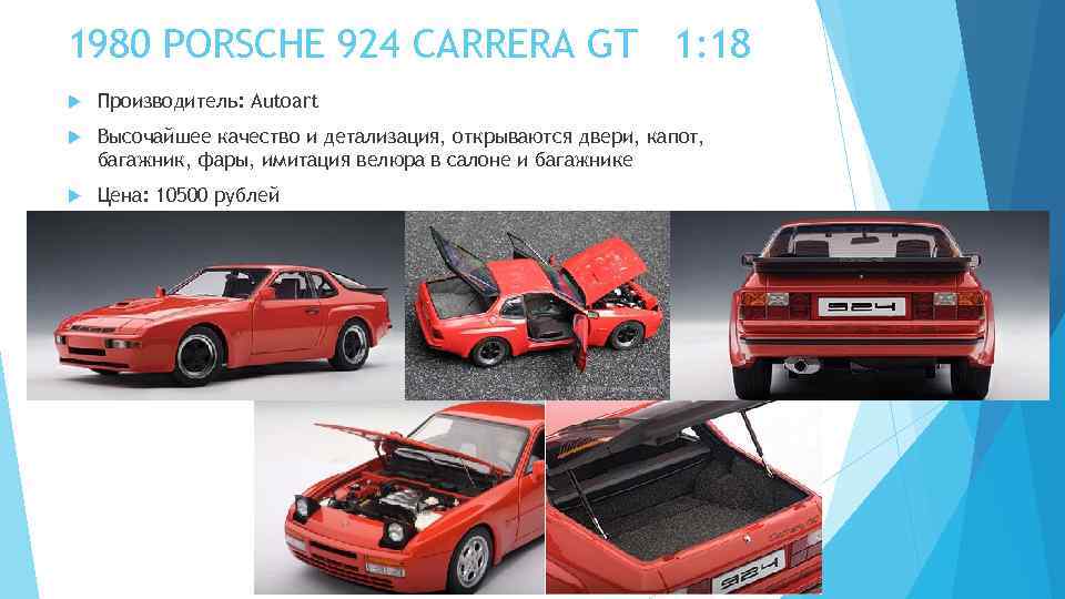 1980 PORSCHE 924 CARRERA GT 1: 18 Производитель: Autoart Высочайшее качество и детализация, открываются