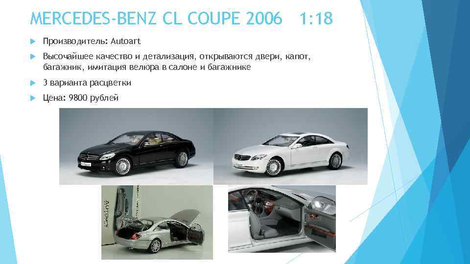 MERCEDES-BENZ CL COUPE 2006 1: 18 Производитель: Autoart Высочайшее качество и детализация, открываются двери,