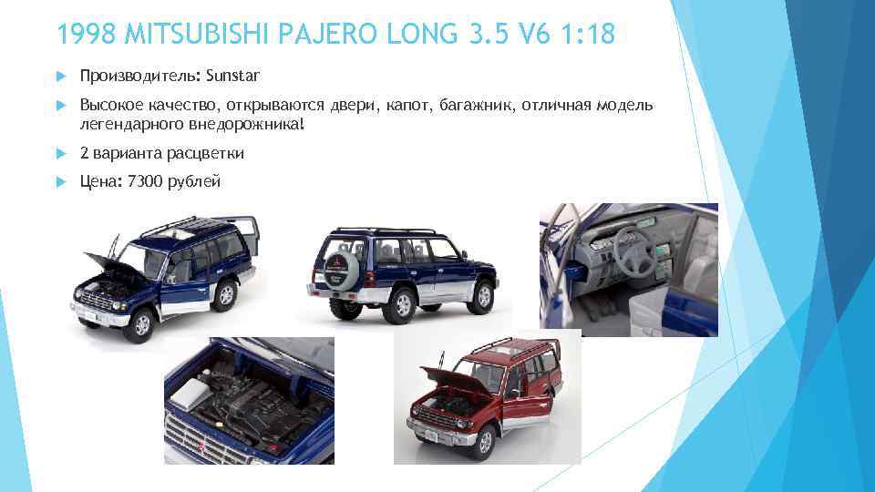 1998 MITSUBISHI PAJERO LONG 3. 5 V 6 1: 18 Производитель: Sunstar Высокое качество,